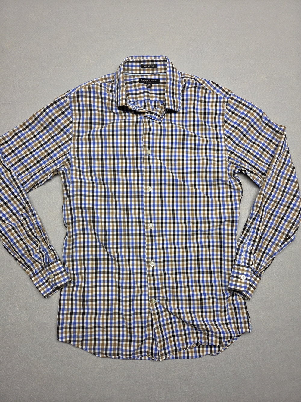 Banana Republic Men's Blue and Brown Checked Dress Shirt